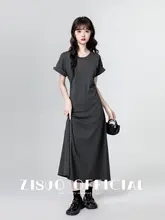 シンプルなデザインのグレー半袖ワンピース【ウエストシャーリング・ロング丈】