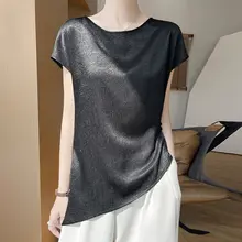 ラウンドネック ウエストシェイプ サテン シルク 半袖 Tシャツ【スリムフィット・サマー用】