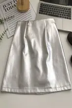 シルバーPUレザー膝上スカート【ハイウエスト・Aライン・カジュアル】