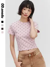 ODonedu 黒のドット印刷ストレッチショートTシャツ【女性用・夏・フィット・半袖】