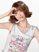 レトロなリボンプリントノースリーブTシャツ【デザイン性抜群・夏用・コントラストカラー】