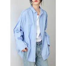 オーバーサイズ デザイン衿 ブルー レディースシャツ【ビンテージ風・ゆったりシルエット】