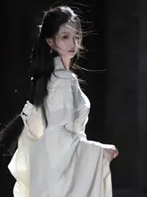 改良型 漢服 レディース 大袖シャツ【白色・交襟デザイン・秋用】