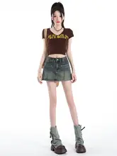 レトロデザインのデニムミニスカート【女性用・ハイウエスト・Aライン】（セットアップ対応）