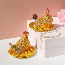 合金製の置物 母鶏が卵を抱えるジュエリーボックス【エナメル加工・インテリア装飾用】