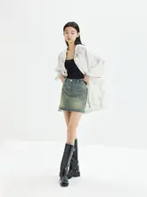 OPICLOTH Aラインデザインのヴィンテージ風デニムスカート【中腰・酵素洗い・ブルー】