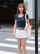白色のハイウエストミディプリーツスカート【夏用・小柄女性向け・インナーパンツ付き】