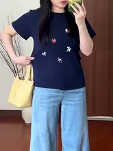 犬刺繍入りコットン半袖Tシャツ【大きいサイズ・夏用・ネイビー】
