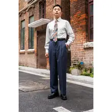 ストライプ柄ハイウエストヴィンテージ風ワイドレッグパンツ【極上の柔らかさ・ダークブルー】（セットアップ対応）