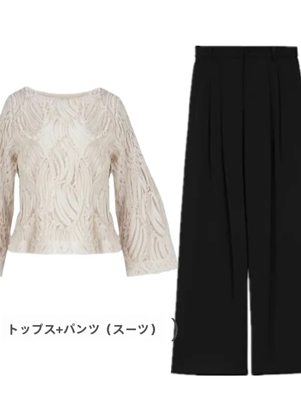 スリムフィットデザインの春夏用ハイウエストパンツと長袖トップス【ファッショナブル・セットアップ対応】