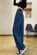 深い青色のワイドレッグデニムパンツ【ハイウエスト・スリム効果・ストレートシルエット・春秋用】