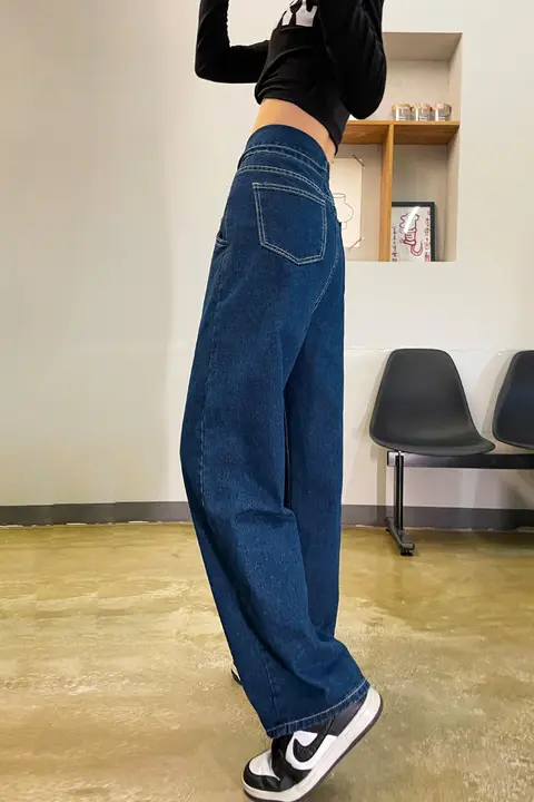 深い青色のワイドレッグデニムパンツ【ハイウエスト・スリム効果・ストレートシルエット・春秋用】