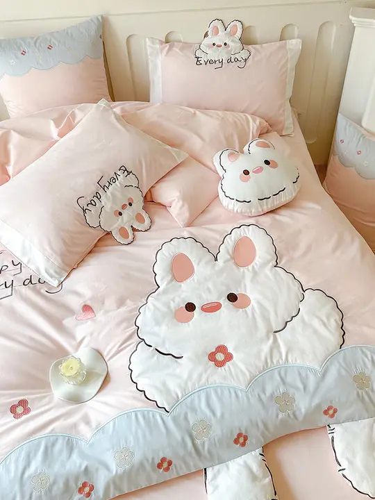 可愛いウサギ刺繍デザイン ベッド用4点セット【全棉・お手入れ簡単・1.5m用】