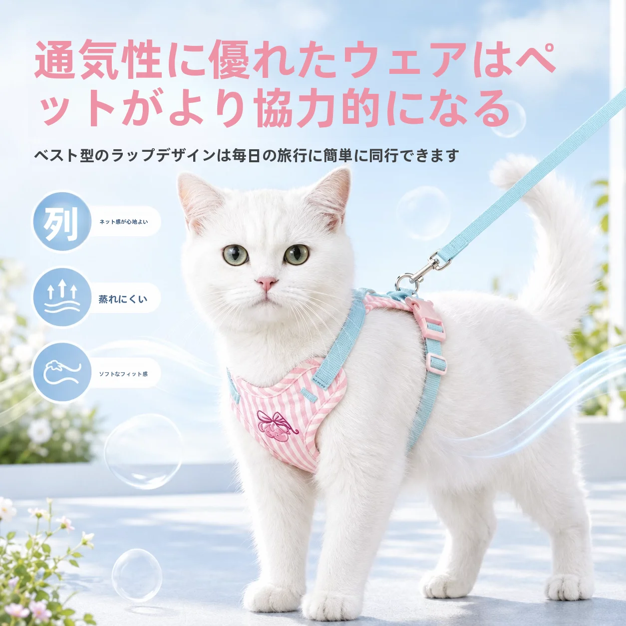 可愛いチェリー柄キャットハーネス：脱出防止と散歩時の胸部スタイルを実現