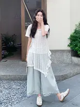 清楚な夏のコーディネート【不規則なレースブラウス・半袖・フレアパンツ】（セットアップ対応）