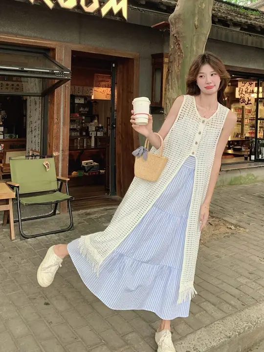 韓国風シンプル透かしデザインの連衣裙【夏用・重ね着対応・美しい印象】（セットアップ対応）
