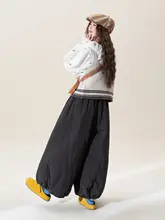 黒色のウエストゴム付き厚手コットンワイドレッグパンツ【冬用・フィット・ストレートデザイン】
