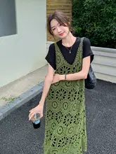 ブラックTシャツドレス【夏用・カジュアル・グリーンのレースキャミドレス・デザイン性あり】（セットアップ対応）