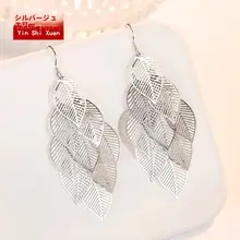 925銀製 ロングタッセルイヤリング【葉っぱデザイン・韓国風・お洒落】