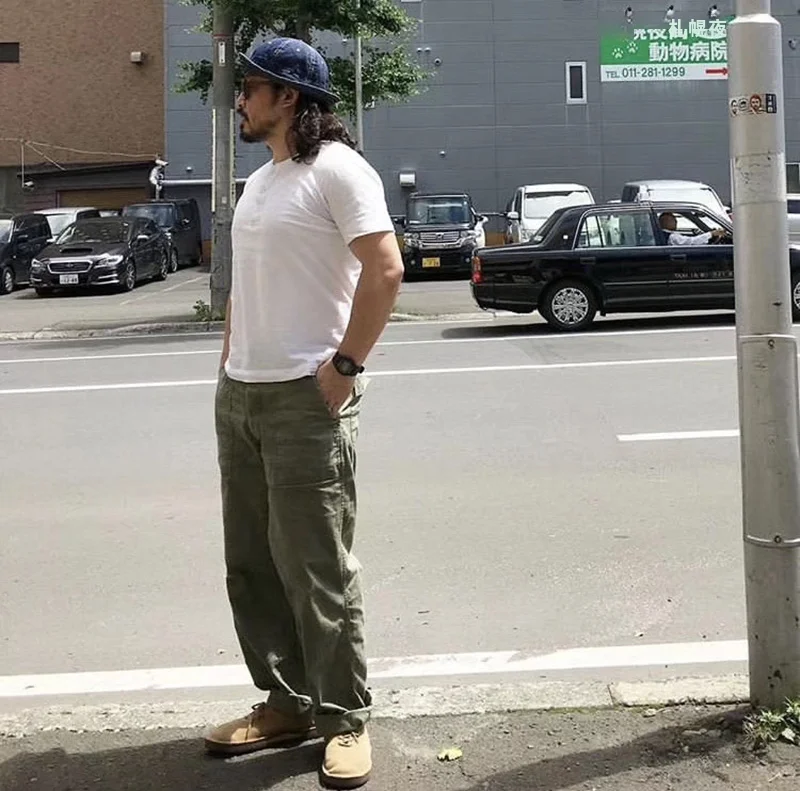 OG107 ストレート軍用カジュアルパンツ【ユニセックス・ルーズフィット・オリーブグリーン】
