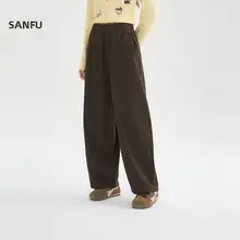 春季に最適！ゆったりとしたデザインのワイドレッグパンツ【コーヒーカラー・弯刀デザイン】（セットアップ対応）