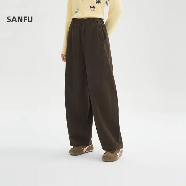 春季に最適！ゆったりとしたデザインのワイドレッグパンツ【コーヒーカラー・弯刀デザイン】（セットアップ対応）