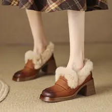 秋冬向け加毛の厚底レディースローファー【暖かい・イギリス風・粗いヒール】