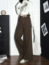 デニムパンツ レディース ロールアップ アメリカンスタイル デザイン性 コーヒーブラウン ワイドシルエット ゆったり 体型カバー「Forever 21」