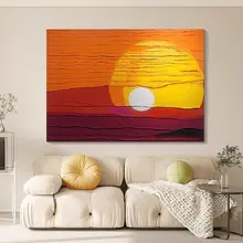 日出風景の手描き油絵【モダンシンプル・リビングルーム用・横幅デザイン】