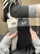 リボンデザイン中筒ソックス【秋冬用・グレー・純綿】