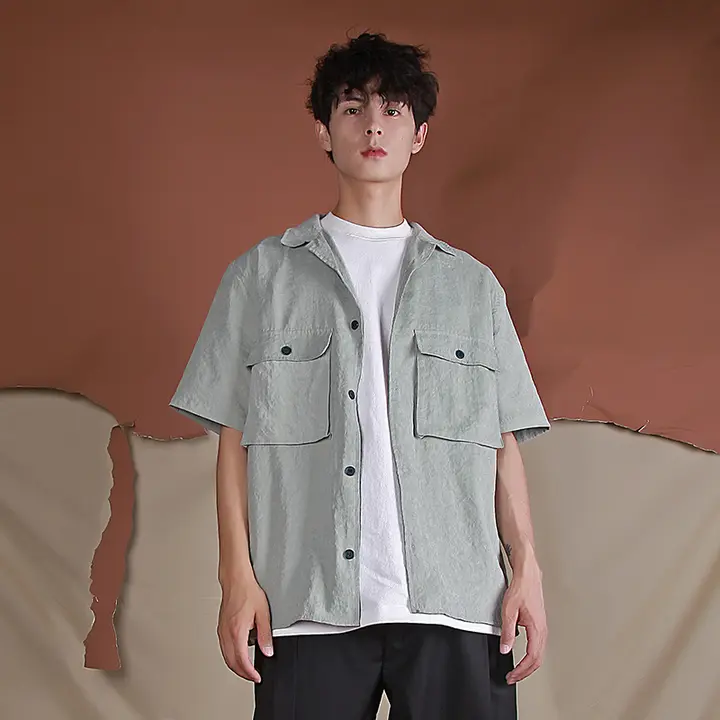 シャツ メンズ プリーツ ドレープ ヴィンテージ加工 カジュアル ストリート インスタ映え 夏 「MAZCOO」