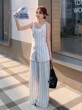 高級感のあるバイカラーストライプのスーツベストとワイドパンツ【春夏・女性用・魅力的なコーディネート】（セットアップ対応）