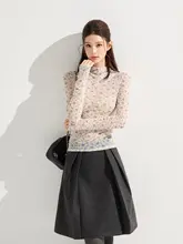 高襟フラワープリント透け感ありタイトフィット長袖Tシャツ【春季・レトロデザイン・インナー対応】