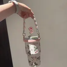 保温杯用編み花デザインカップストラップ【粉色・ブルー・手提げ対応】