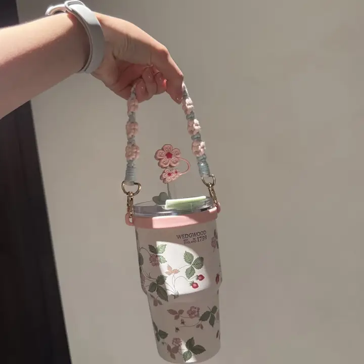 保温杯用編み花デザインカップストラップ【粉色・ブルー・手提げ対応】
