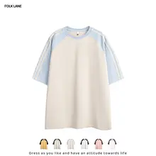 カジュアルな二色使いの半袖Tシャツ【ユニセックス・ゆったりシルエット・アカデミックスタイル】（セットアップ対応）