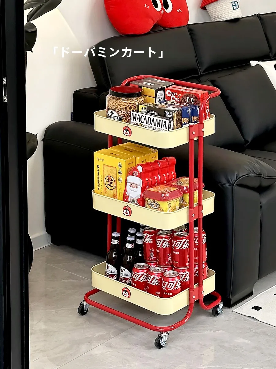 移動可能な鉄製収納ワゴン：リビング・ソファサイド用の飲食物整理に最適なカゴテーブル