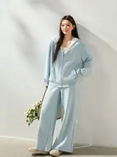 スウェット パンツ セットアップ レディース 大きいサイズ ぽっちゃり 韓流 着痩せ パッチワーク レースフード ダスティブルー