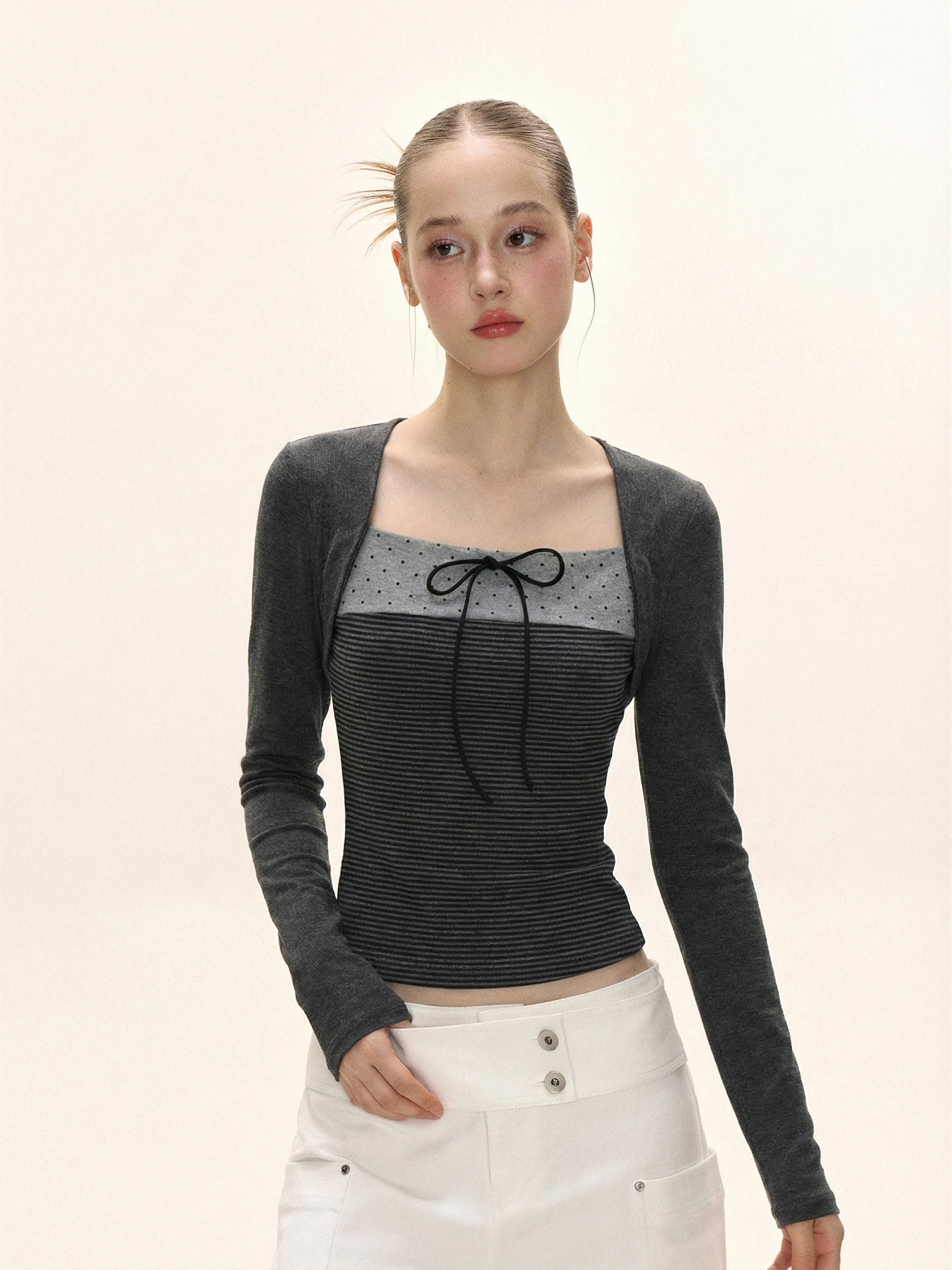 秋春用バイカラーリボン付きTシャツ【ドット柄・ストライプ・スクエアネック・極上の柔らかさ】（セットアップ対応）