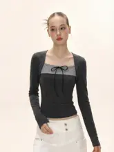 秋春用バイカラーリボン付きTシャツ【ドット柄・ストライプ・スクエアネック・極上の柔らかさ】（セットアップ対応）