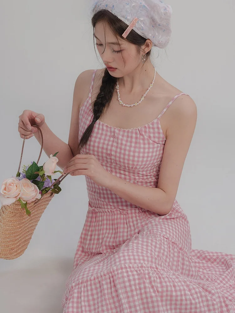 LOVEHEYNEW チェック柄レース付きキャミソールマキシドレス【ウエストシェイプ・夏用】