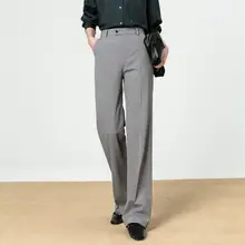 高ウエストストレートパンツ【グレー・ビジネス・通勤用・脚長効果】