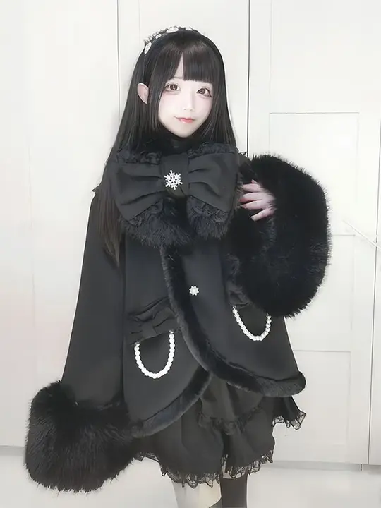 黒のカジュアルコート【キルティング・リボン付きスカーフ・ロリータファッション】（セットアップ対応）