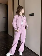 2点セット レディース デニム ワーク風 ワイドパンツ ピンク 着痩せ 若々しい 甘め 秋