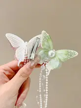 蝶デザインのパール風タッセルヘアクリップ【可愛いサイドクリップ・女の子用・漢服に最適】