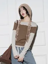 コントラストデザインの長袖Tシャツ【レディース・重ね着風・カジュアル】（セットアップ対応）