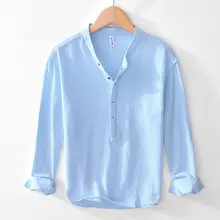 リネン混合の長袖Tシャツ【カジュアル・秋用・ルーズフィット・ラウンドネック】