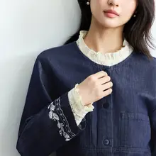 刺繍デザインのデニムジャケット【ウエストベルト付き・春用・フレンチスタイル】