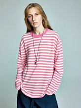 豪華な浮き彫りデザインのメルノウールニットTシャツ【ゆったりフィット・ストライプ柄】