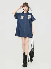 ヴィンテージ風ポロ襟デニムワンピース【夏用・華やかなリボン・ゆったりシルエット】
